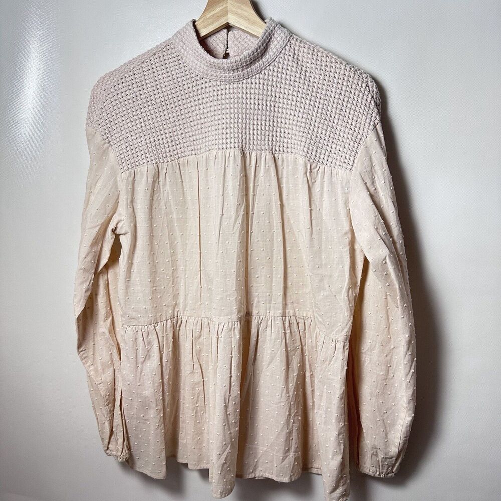 DR2 Blouse Womens Small Cream Boho Crochet Tiered Babydoll Swiss Dot Vanilla